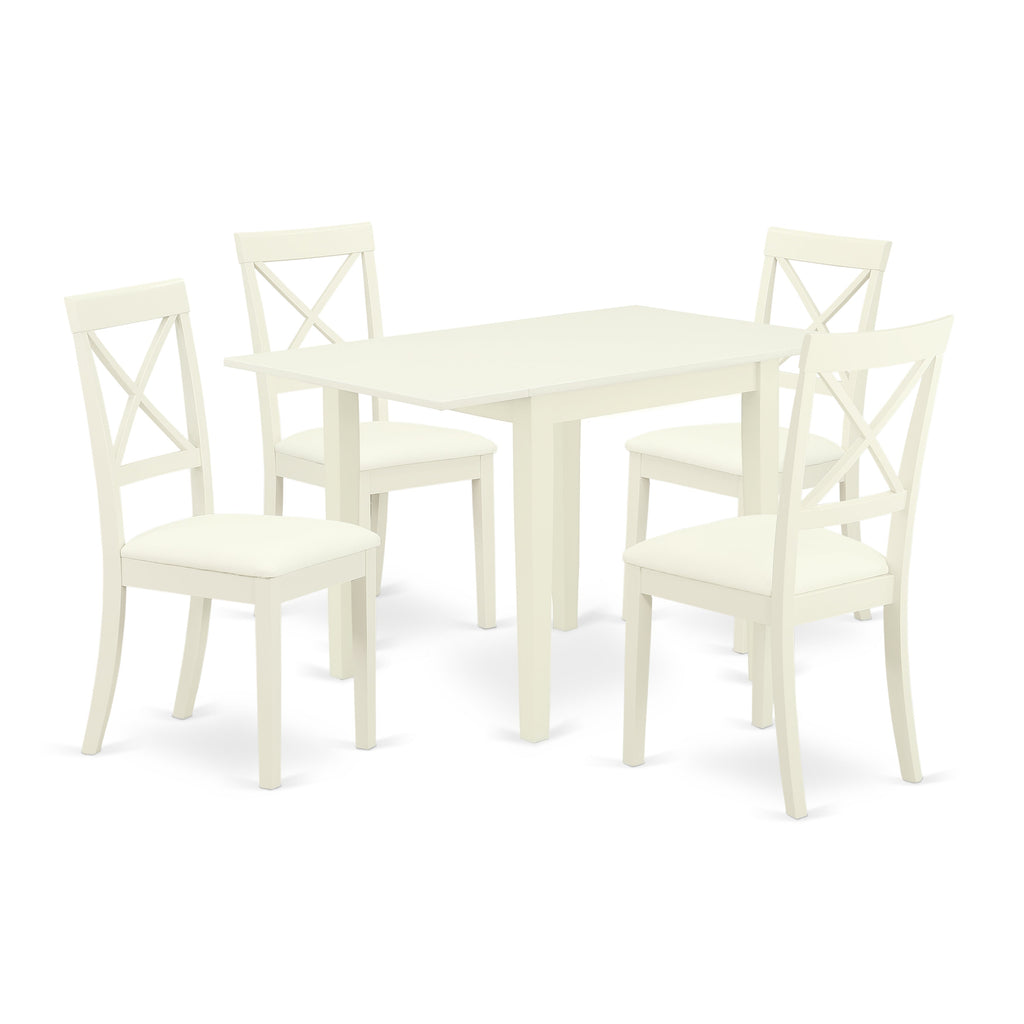 East West Furniture NDBO5-LWH-LC 5 Piece Dinette Set for 4 Includes a Rectangle Dining Room Table with Dropleaf and 4 Faux Leather Kitchen Dining Chairs, 30x48 Inch, Linen White