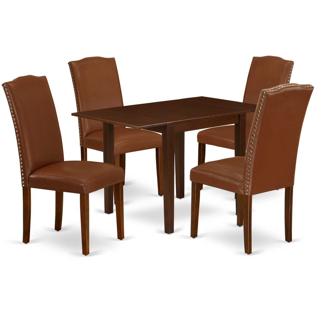 East West Furniture NDEN5-MAH-66 5 Piece Dining Room Table Set Includes a Rectangle Dining Table with Dropleaf and 4 Brown Faux Faux Leather Upholstered Chairs, 30x48 Inch, Mahogany