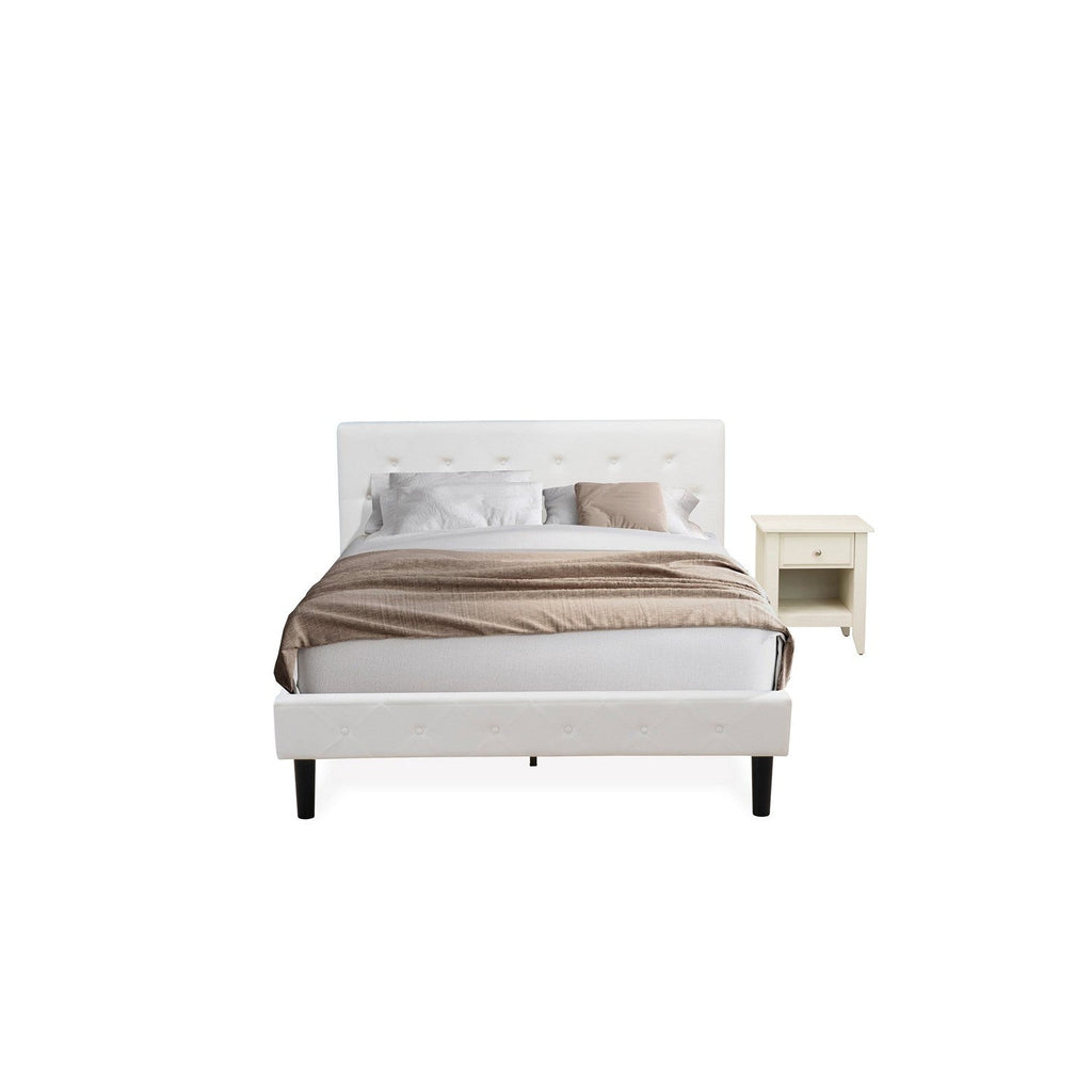 East West Furniture NL19Q-1GA0C 2 Piece Bed Set - Button Tufted Bed Frame - White Velvet Fabric Upholstered Headboard and a Wire Brushed Butter Cream Finish Nightstand
