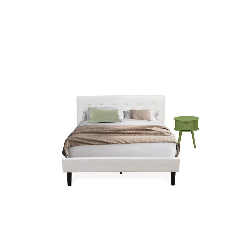 East West Furniture NL19Q-1GO12 2 Piece Bed Set - Button Tufted Queen Size Bed Frame - White Velvet Fabric Upholstered Headboard and a Clover Green Finish Nightstand