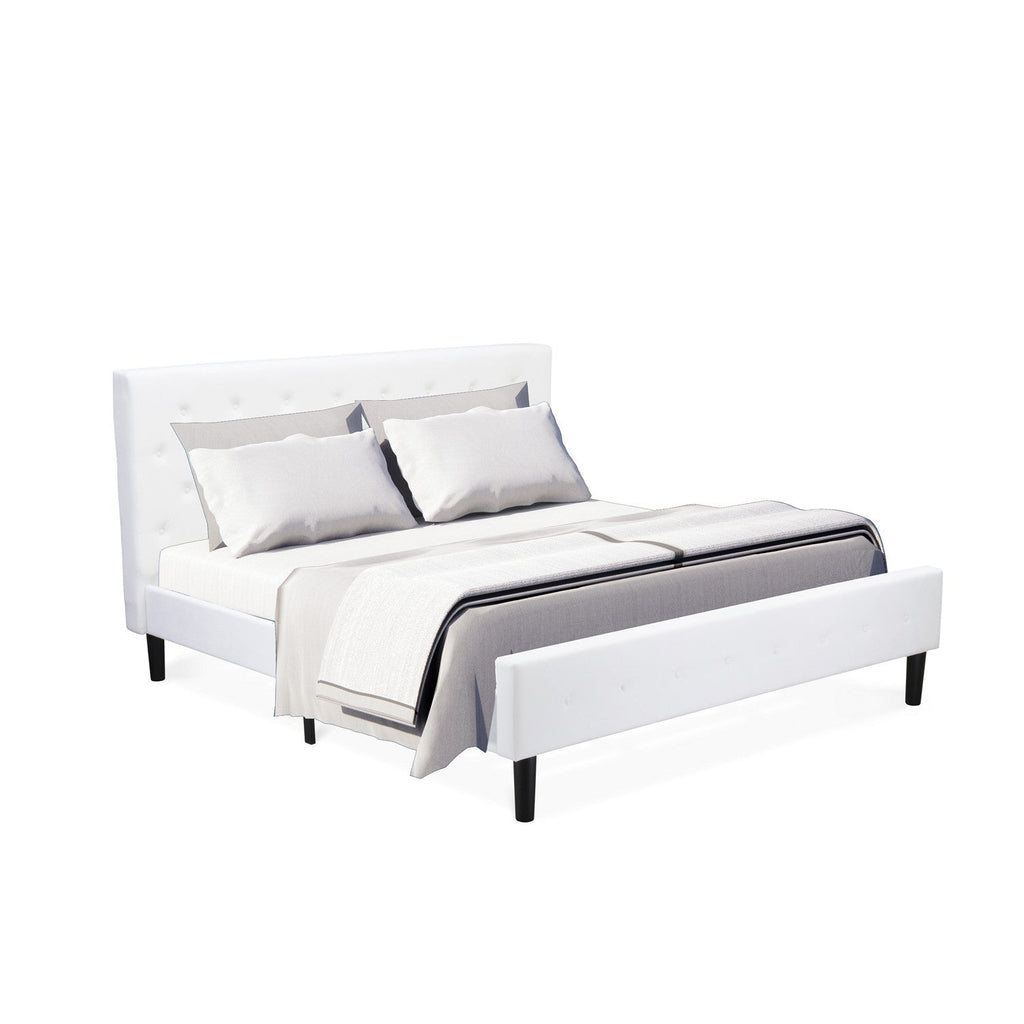 East West Furniture NL19K-2GO05 3 Piece Bed Set - King Button Tufted Bed Frame - White Velvet Fabric Upholstered Headboard and a White Finish Nightstand