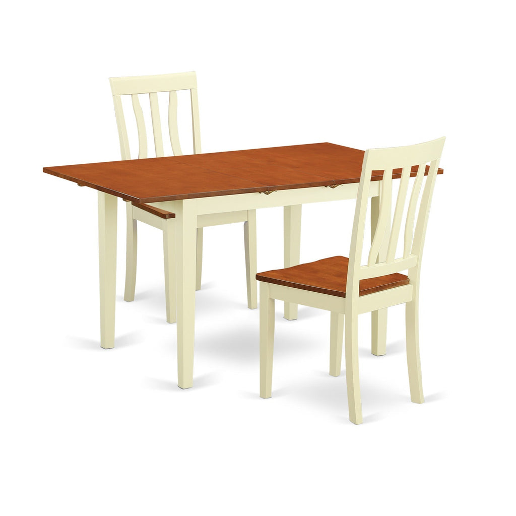 East West Furniture NOAN3-WHI-W 3 Piece Dining Room Table Set  Contains a Rectangle Kitchen Table with Butterfly Leaf and 2 Dining Chairs, 32x54 Inch, Buttermilk & Cherry