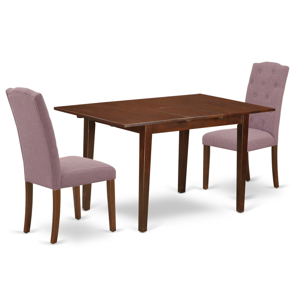 East West Furniture NOCE3-MAH-10 3 Piece Small Dinette Set Contains a Rectangle Butterfly Leaf Dining Table and 2 Dahlia Linen Fabric Upholstered Chairs, 32x54 Inch, Mahogany