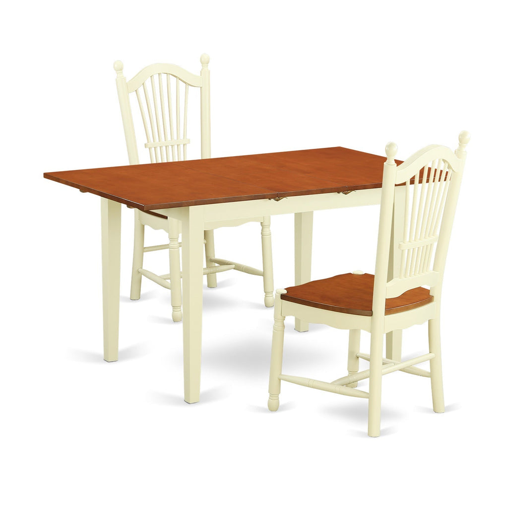 East West Furniture NODO3-WHI-W 3 Piece Dining Room Table Set  Contains a Rectangle Kitchen Table with Butterfly Leaf and 2 Dining Chairs, 32x54 Inch, Buttermilk & Cherry