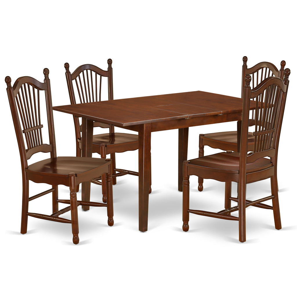 East West Furniture NODO5-MAH-W 5 Piece Kitchen Table Set for 4 Includes a Rectangle Dining Room Table with Butterfly Leaf and 4 Solid Wood Seat Chairs, 32x54 Inch, Mahogany