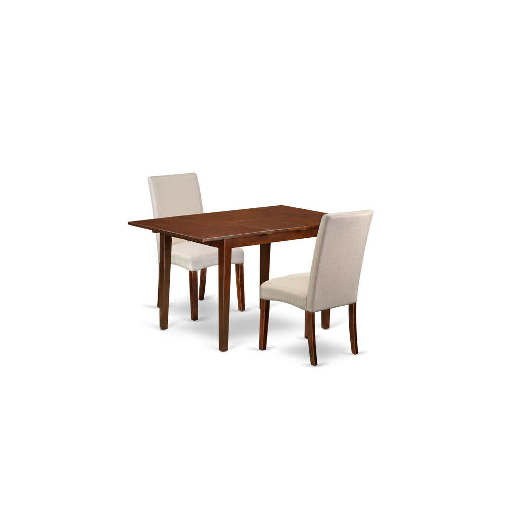 East West Furniture NODR3-MAH-01 3 Piece Dinette Set for Small Spaces Contains a Rectangle Dining Table with Butterfly Leaf and 2 Cream Linen Fabric Parson Chairs, 32x54 Inch, Mahogany