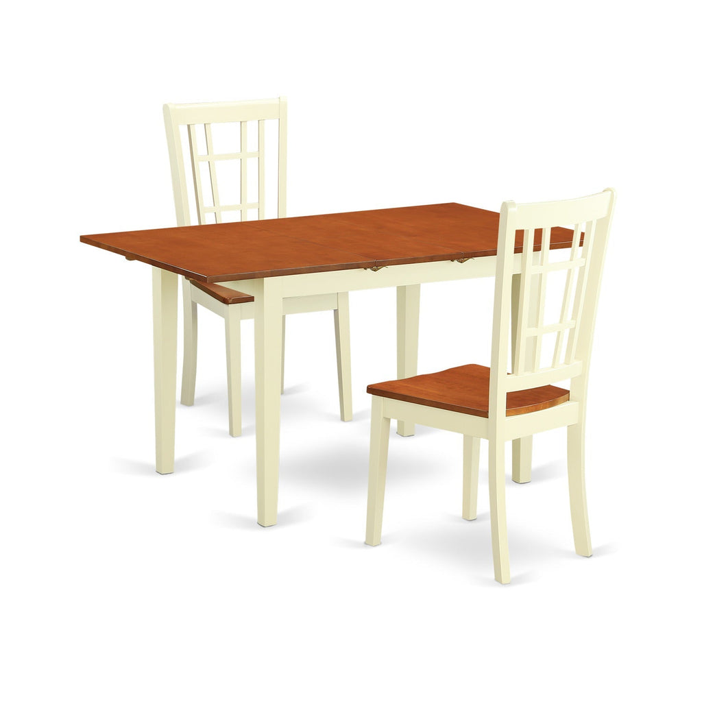 East West Furniture NONI3-WHI-W 3 Piece Dining Room Table Set  Contains a Rectangle Wooden Table with Butterfly Leaf and 2 Kitchen Dining Chairs, 32x54 Inch, Buttermilk & Cherry