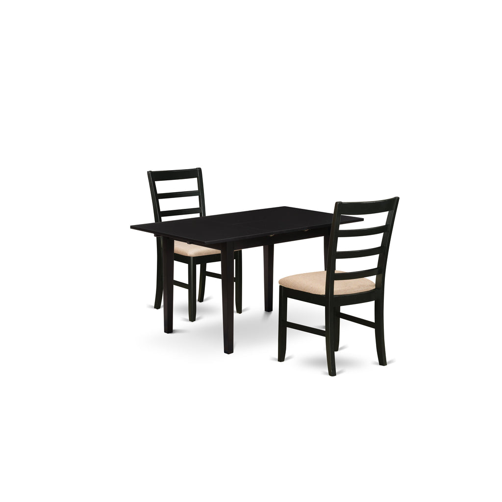 East West Furniture NOPF3-BLK-C 3 Piece Dining Room Table Set  Contains a Rectangle Kitchen Table with Butterfly Leaf and 2 Linen Fabric Upholstered Chairs, 32x54 Inch, Black