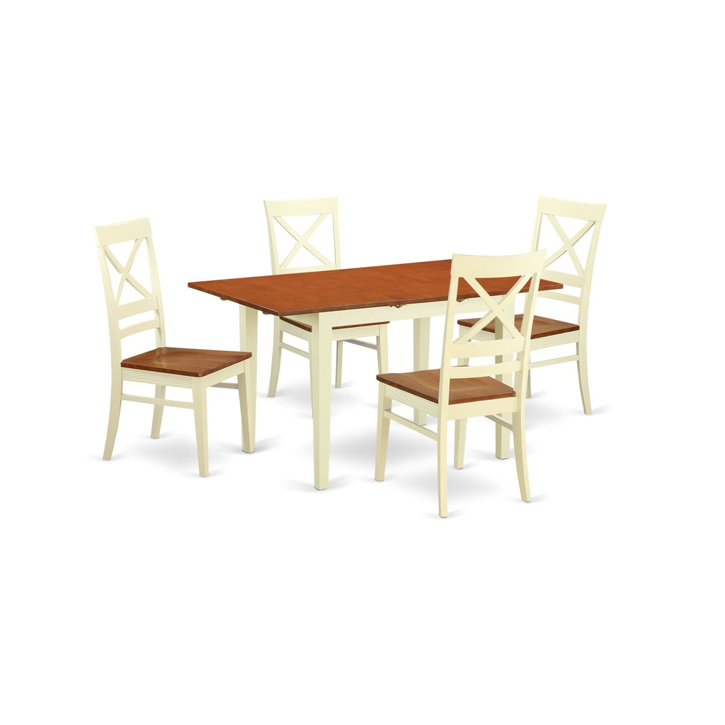 East West Furniture NOQU5-WHI-W 5 Piece Dining Set Includes a Rectangle Dining Room Table with Butterfly Leaf and 4 Wood Seat Chairs, 32x54 Inch, Buttermilk & Cherry