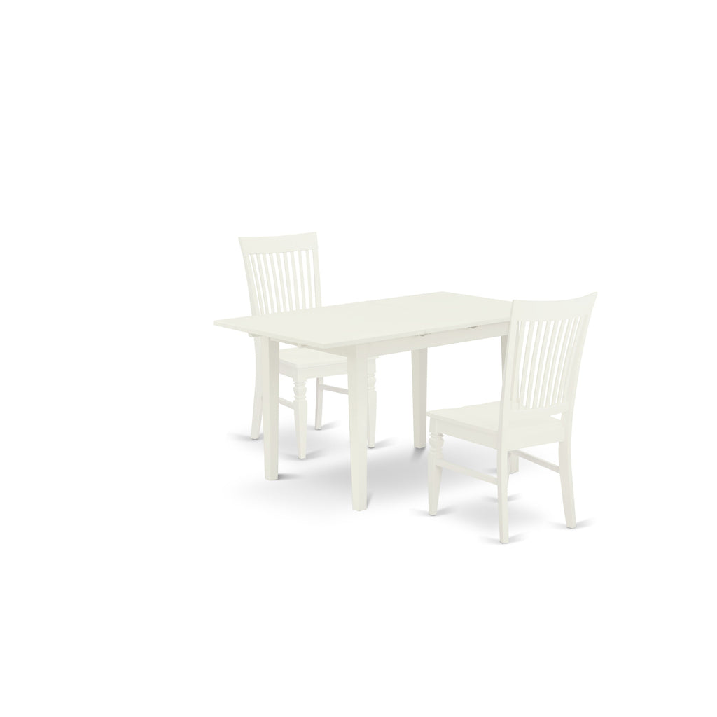 East West Furniture NOWE3-WHI-W 3 Piece Dining Table Set for Small Spaces Contains a Rectangle Dining Room Table with Butterfly Leaf and 2 Wood Seat Chairs, 32x54 Inch, Linen White