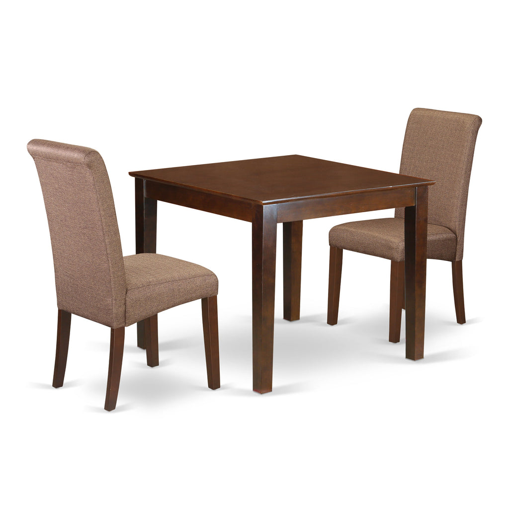 East West Furniture OXBA3-MAH-18 3 Piece Dining Table Set Contains a Square Dining Room Table and 2 Brown Linen Linen Fabric Upholstered Chairs, 36x36 Inch, Mahogany