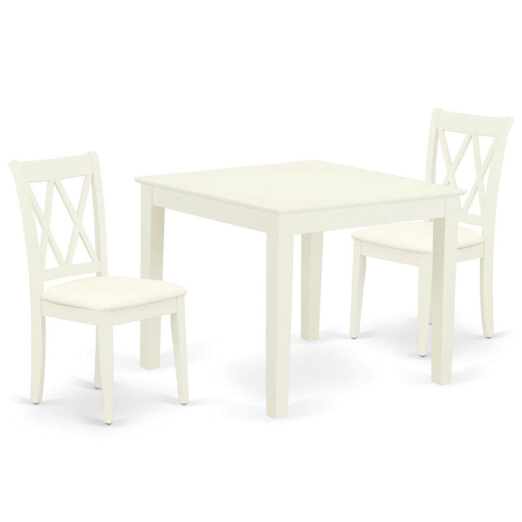 East West Furniture OXCL3-LWH-C 3 Piece Dining Room Table Set  Contains a Square Kitchen Table and 2 Linen Fabric Upholstered Dining Chairs, 36x36 Inch, Linen White