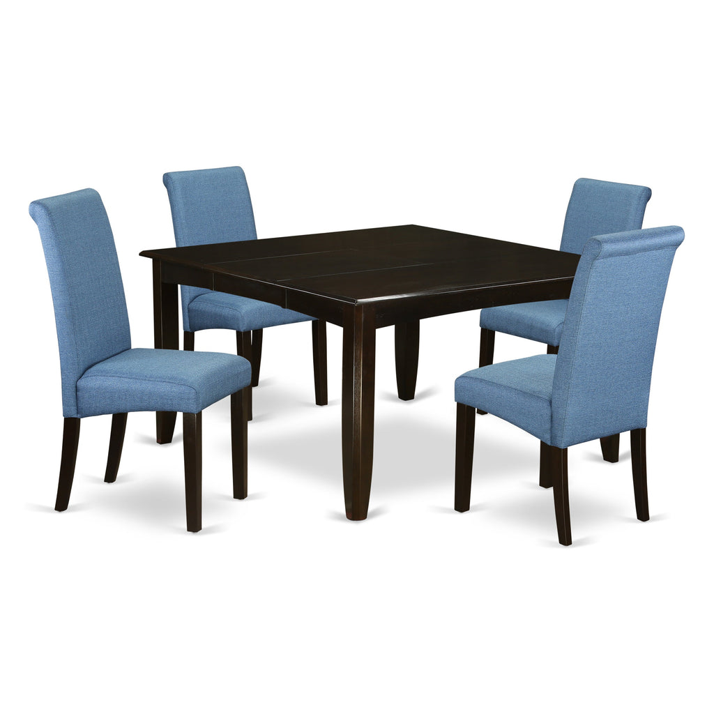 East West Furniture PFBA5-CAP-21 5 Piece Dining Room Table Set Includes a Square Wooden Table with Butterfly Leaf and 4 Blue Color Linen Fabric Upholstered Chairs, 54x54 Inch, Cappuccino