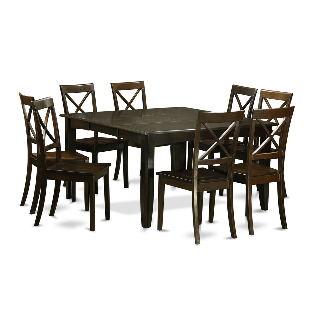 East West Furniture PFBO9-CAP-W 9 Piece Modern Dining Table Set Includes a Square Wooden Table with Butterfly Leaf and 8 Kitchen Dining Chairs, 54x54 Inch, Cappuccino