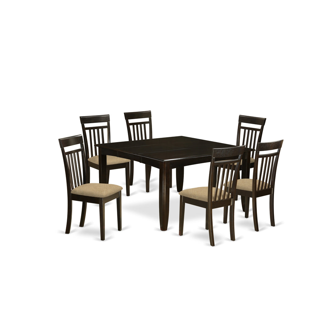 East West Furniture PFCA7-CAP-C 7 Piece Kitchen Table Set Consist of a Square Dining Table with Butterfly Leaf and 6 Linen Fabric Dining Room Chairs, 54x54 Inch, Cappuccino