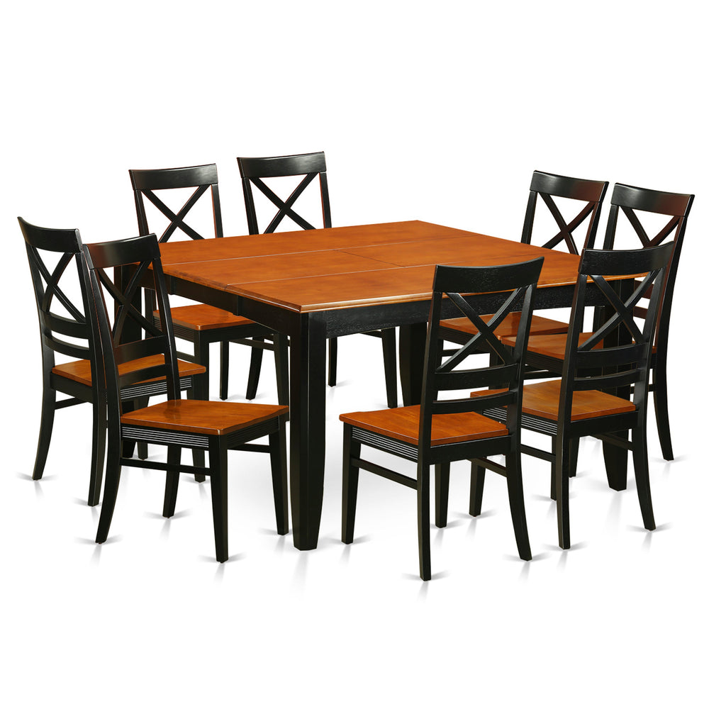 East West Furniture PFQU9-BCH-W 9 Piece Dining Room Furniture Set Includes a Square Wooden Table with Butterfly Leaf and 8 Kitchen Dining Chairs, 54x54 Inch, Black & Cherry