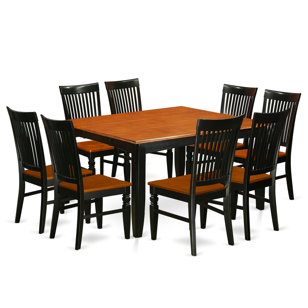 East West Furniture PFWE9-BCH-W 9 Piece Dining Table Set Includes a Square Dining Room Table with Butterfly Leaf and 8 Wood Seat Chairs, 54x54 Inch, Black & Cherry