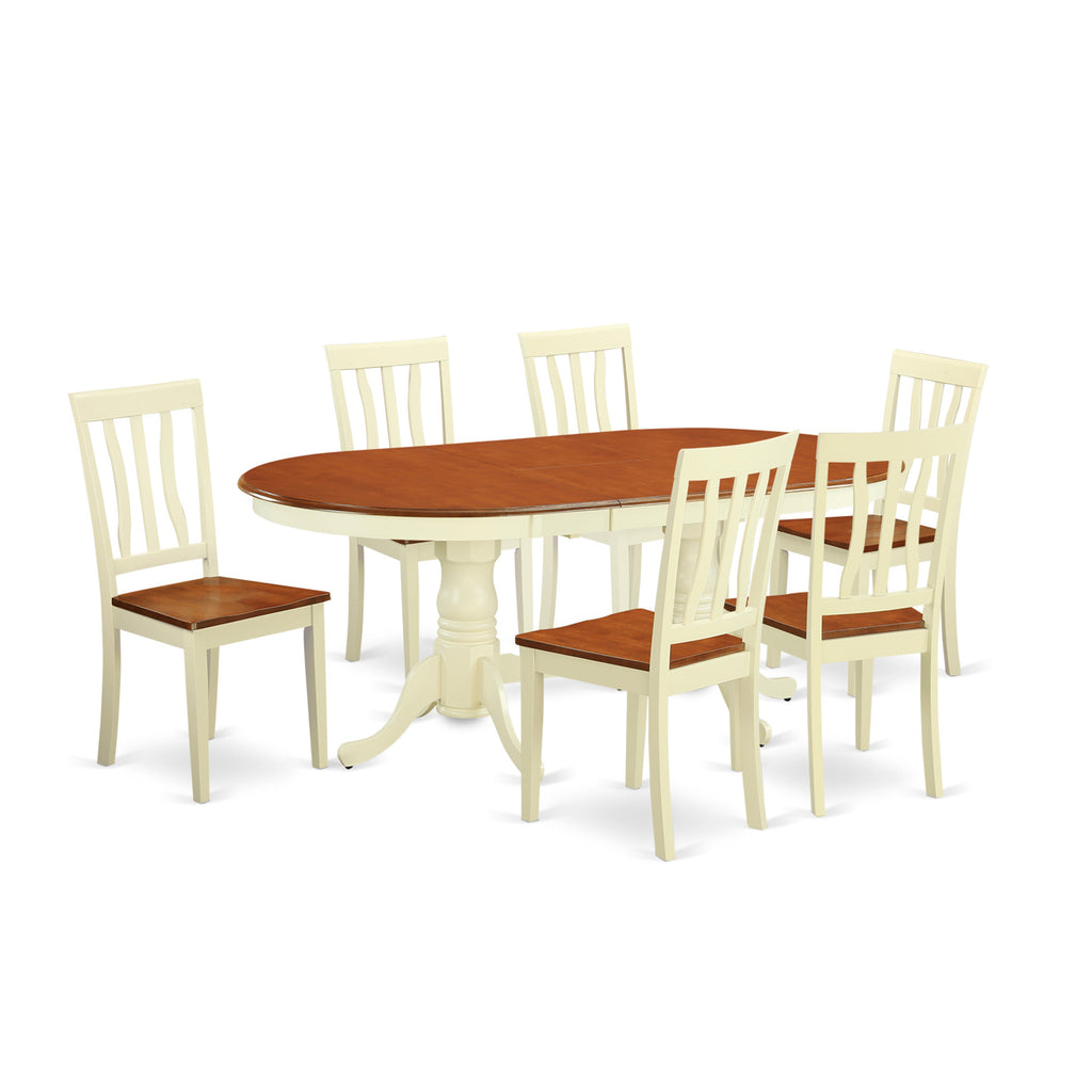 East West Furniture PLAN7-WHI-W 7 Piece Modern Dining Table Set Consist of an Oval Wooden Table with Butterfly Leaf and 6 Kitchen Dining Chairs, 42x78 Inch, Buttermilk & Cherry