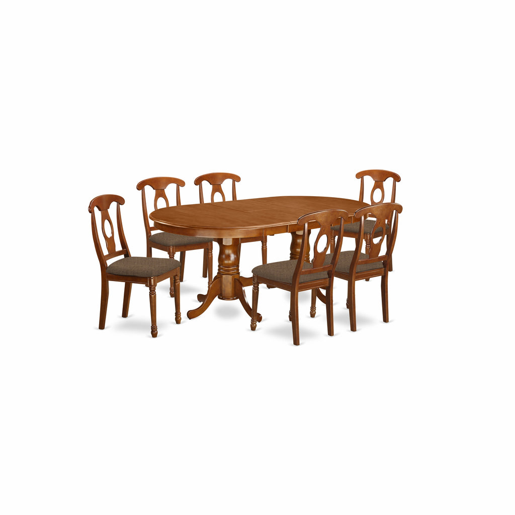 East West Furniture PLNA7-SBR-C 7 Piece Kitchen Table Set Consist of an Oval Dining Table with Butterfly Leaf and 6 Linen Fabric Dining Room Chairs, 42x78 Inch, Saddle Brown