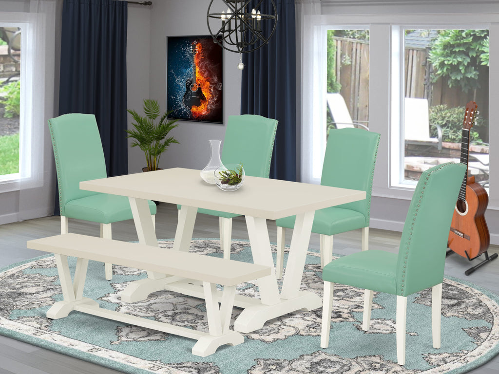 V026EN257-6 6Pc Dining Room Set - 36x60" Rectangular Table, 4 Parson Dining Chairs and a Bench - Wirebrushed Linen White Color