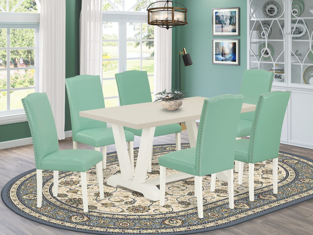 V026EN257-7 7Pc Dining Room Set - 36x60" Rectangular Table and 6 Parson Dining Chairs - Wirebrushed Linen White Color