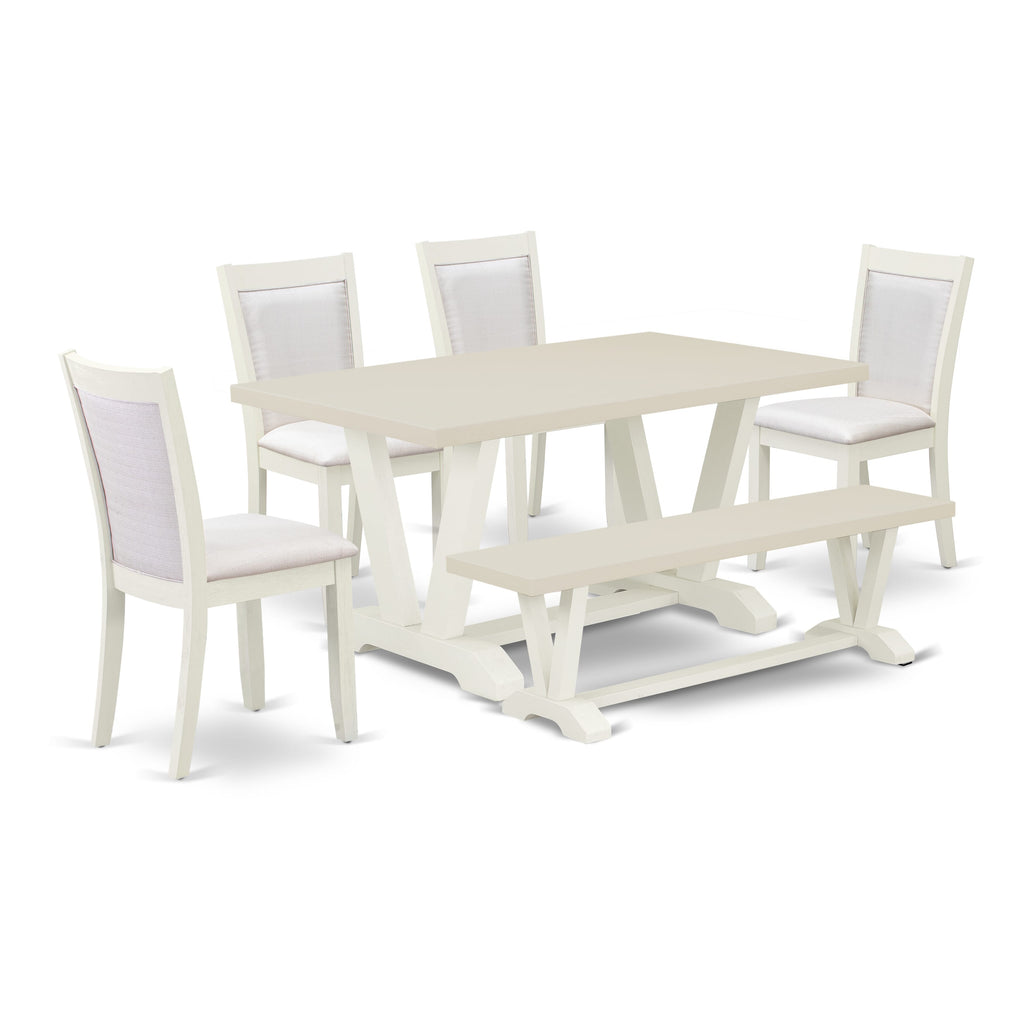 East West Furniture V026MZ001-6 6 Piece Dining Table Set Contains a Rectangle Table with V-Legs and 4 Cream Linen Fabric Upholstered Chairs with a Bench, 36x60 Inch, Multi-Color