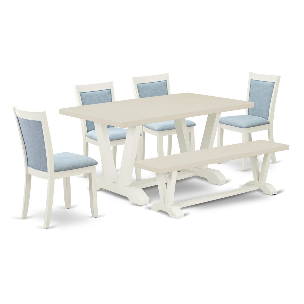 East West Furniture V026MZ015-7 7 Piece Modern Dining Table Set Consist of a Rectangle Wooden Table with V-Legs and 6 Baby Blue Linen Fabric Parson Dining Chairs, 36x60 Inch, Multi-Color