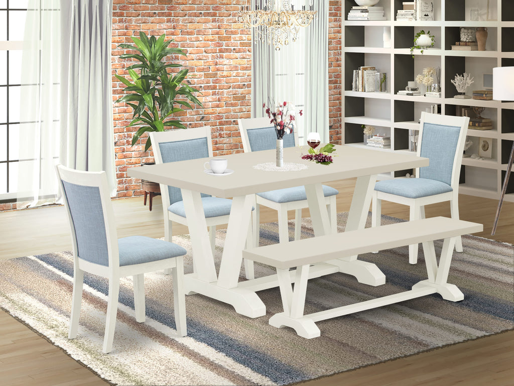 East West Furniture V026MZ015-7 7 Piece Modern Dining Table Set Consist of a Rectangle Wooden Table with V-Legs and 6 Baby Blue Linen Fabric Parson Dining Chairs, 36x60 Inch, Multi-Color