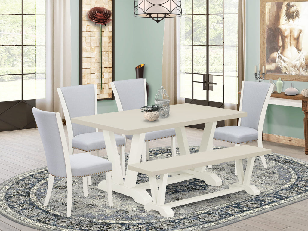 East West Furniture V026VE005-6 6 Piece Dinette Set Contains a Rectangle Dining Room Table with V-Legs and 4 Grey Linen Fabric Parson Chairs with a Bench, 36x60 Inch, Multi-Color