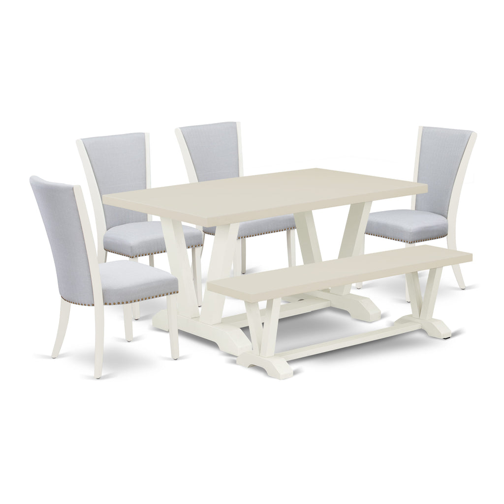 East West Furniture V026VE005-6 6 Piece Dinette Set Contains a Rectangle Dining Room Table with V-Legs and 4 Grey Linen Fabric Parson Chairs with a Bench, 36x60 Inch, Multi-Color