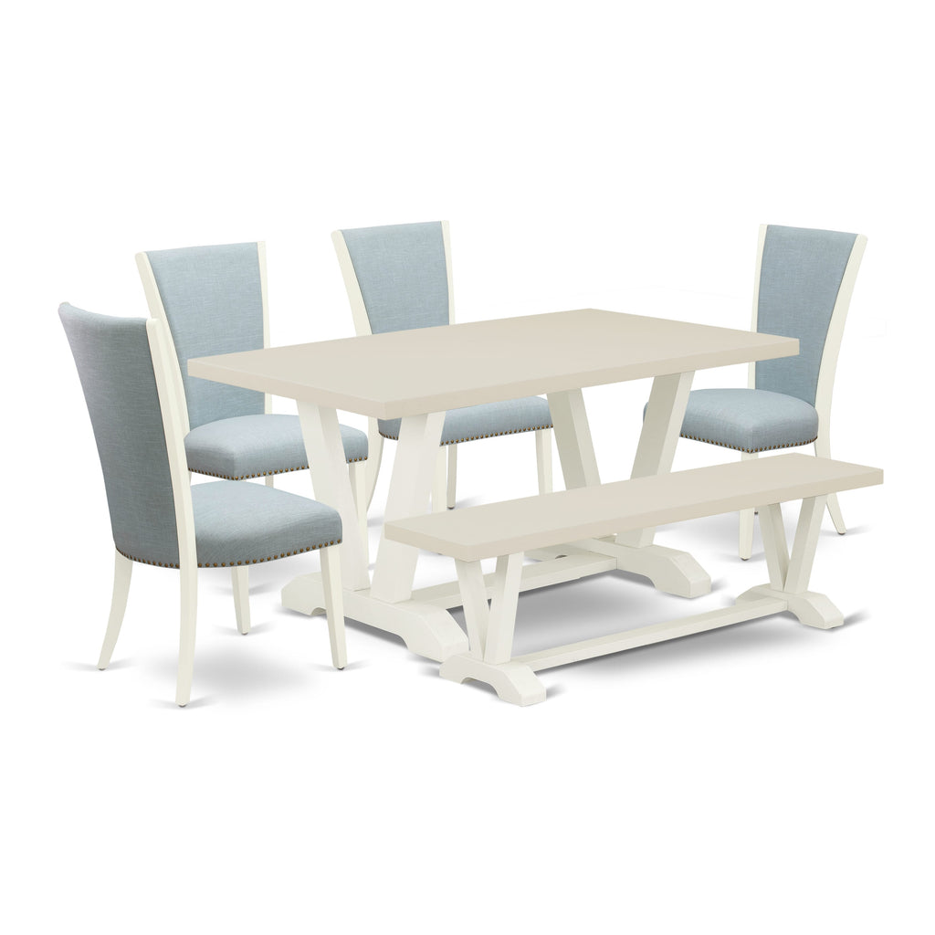 East West Furniture V026VE215-6 6 Piece Dining Set Contains a Rectangle Dining Room Table with V-Legs and 4 Baby Blue Linen Fabric Parson Chairs with a Bench, 36x60 Inch, Multi-Color