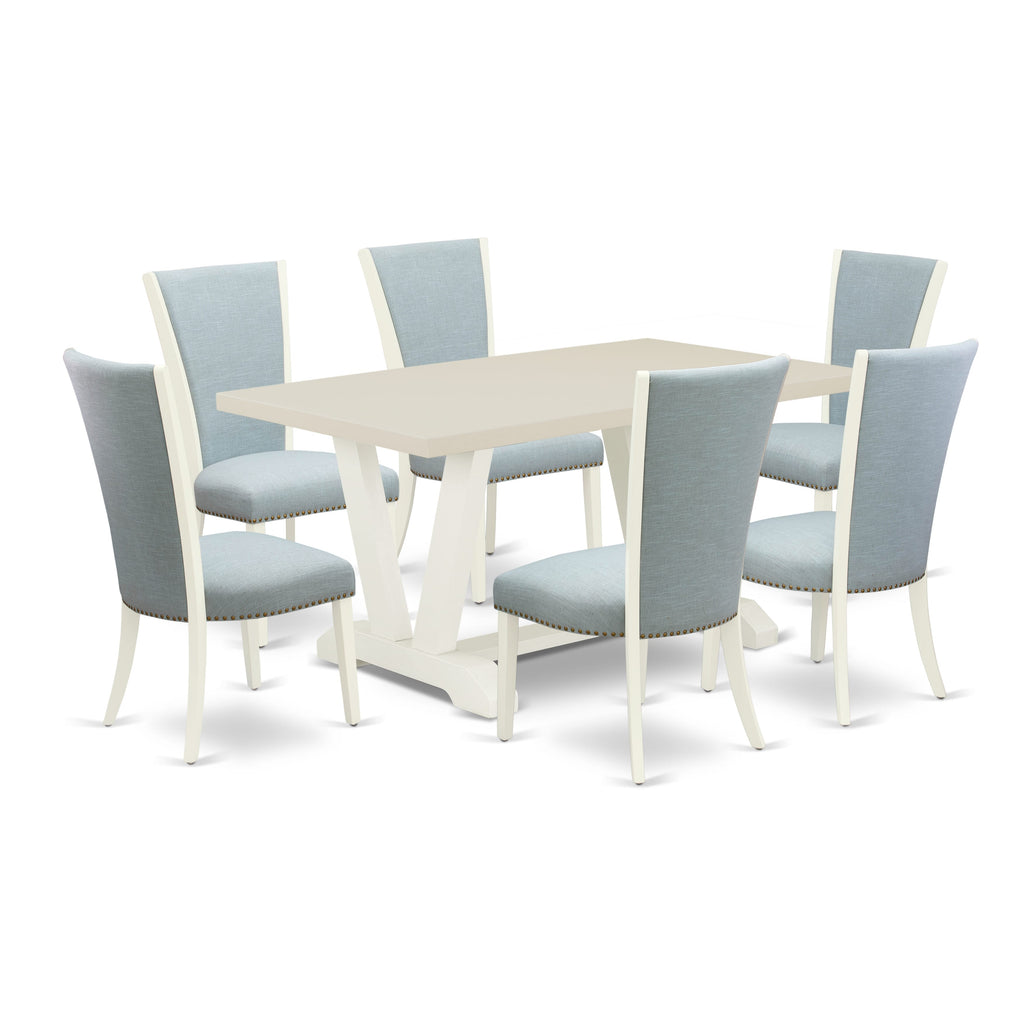 East West Furniture V026VE215-7 7 Piece Kitchen Table Set Consist of a Rectangle Dining Table with V-Legs and 6 Baby Blue Linen Fabric Parson Dining Room Chairs, 36x60 Inch, Multi-Color