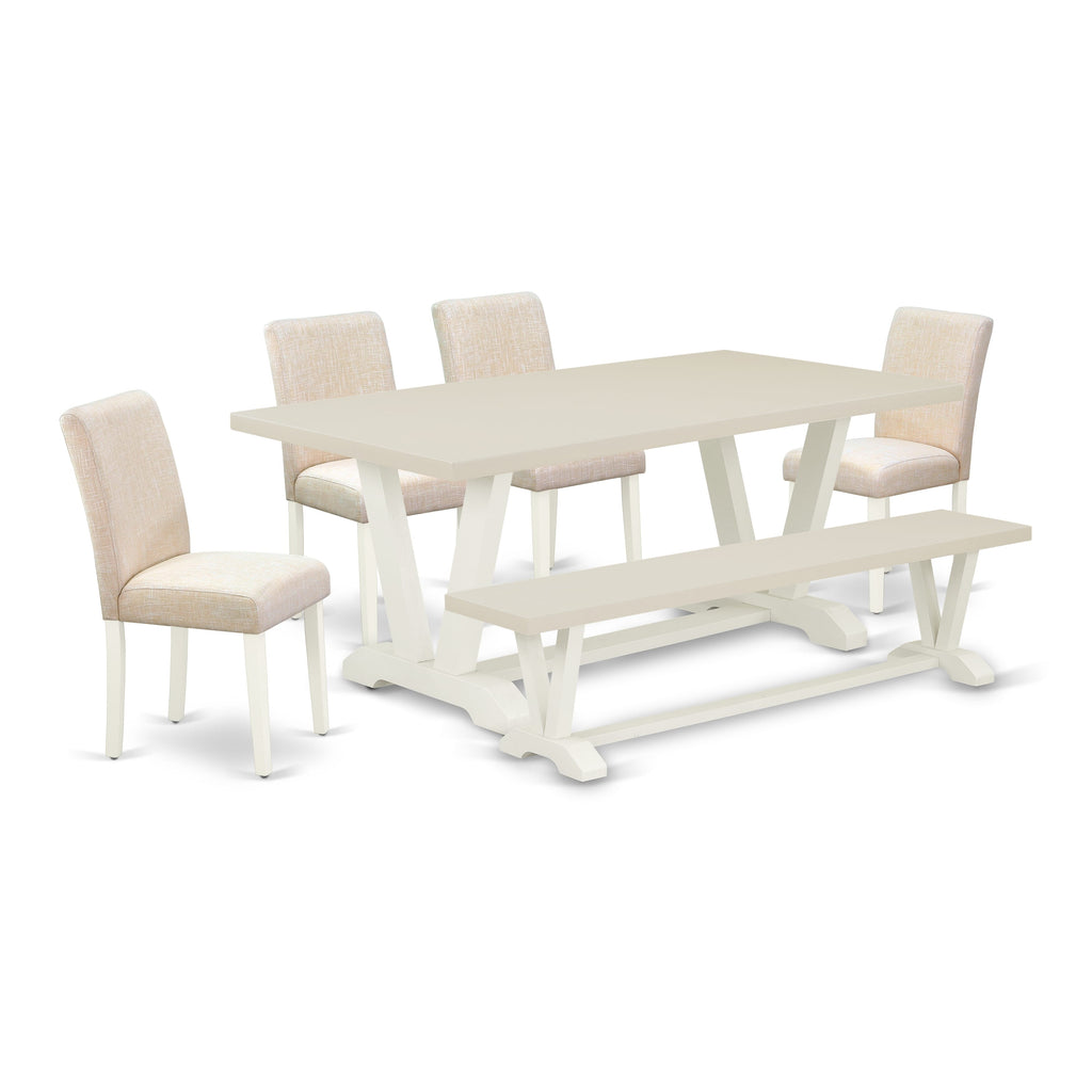 East West Furniture V027AB202-6 6 Piece Dining Table Set Contains a Rectangle Wooden Table with V-Legs and 4 Light Beige Linen Fabric Parson Chairs with a Bench, 40x72 Inch, Multi-Color