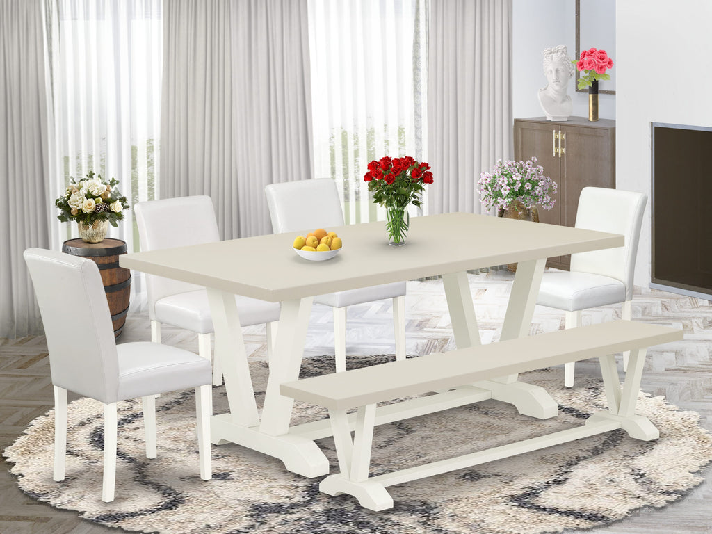 East West Furniture V027AB264-6 6 Piece Dining Set Contains a Rectangle Dining Room Table with V-Legs and 4 White Faux Leather Parson Chairs with a Bench, 40x72 Inch, Multi-Color