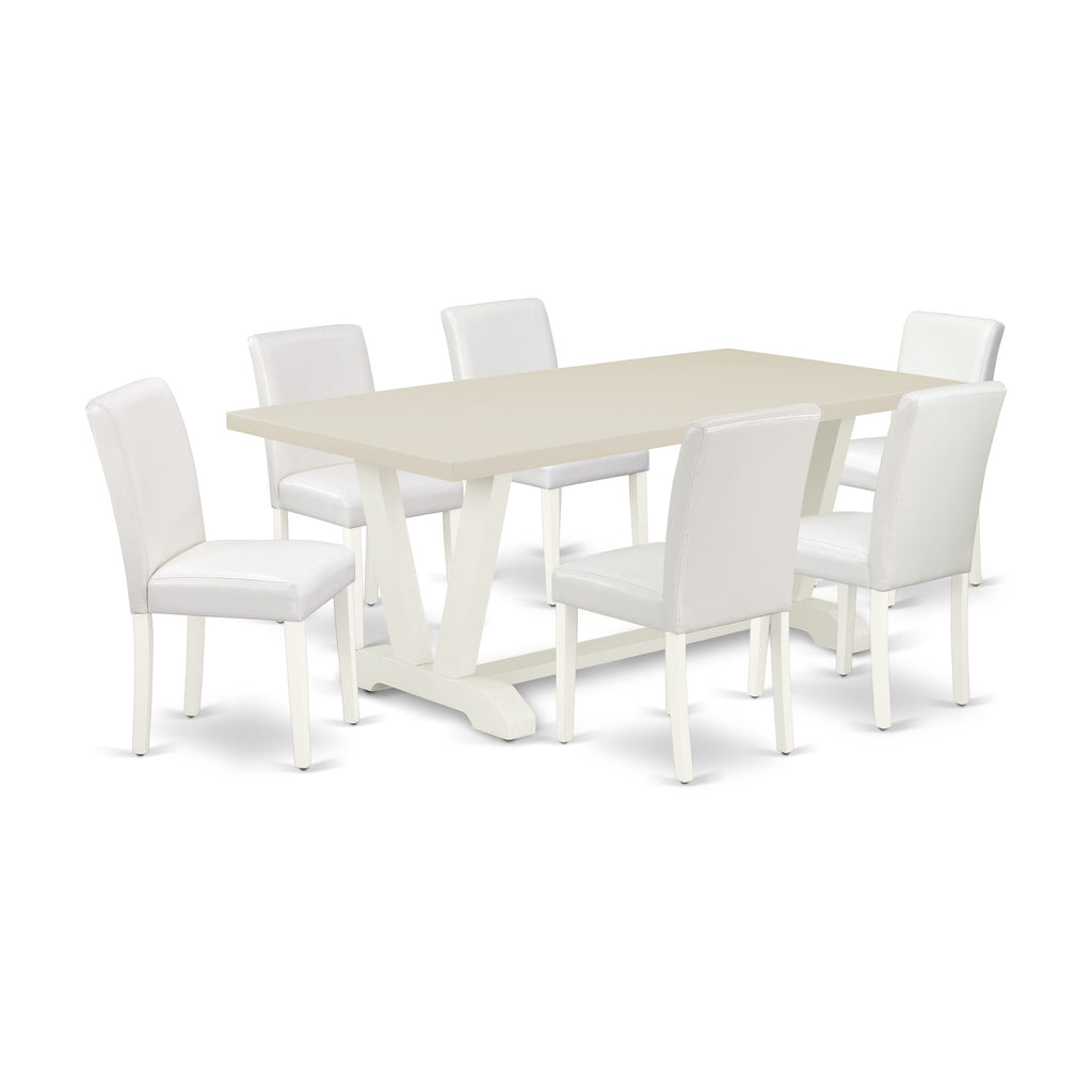 East West Furniture V027AB264-7 7 Piece Dining Room Furniture Set Consist of a Rectangle Dining Table with V-Legs and 6 White Faux Leather Upholstered Chairs, 40x72 Inch, Multi-Color