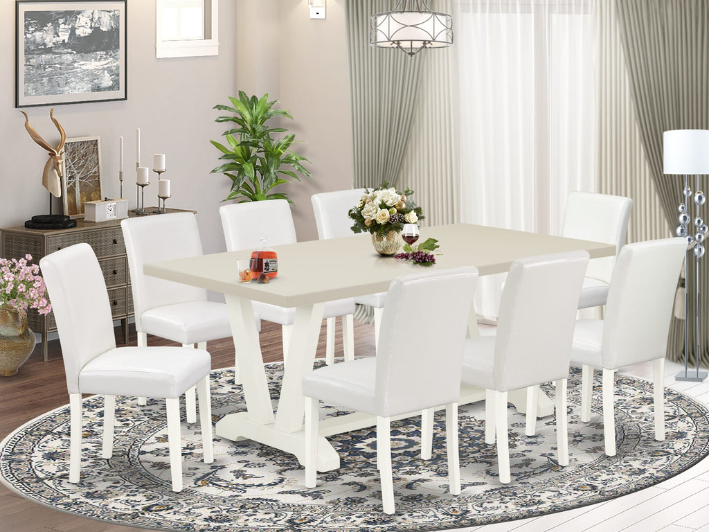 East West Furniture V027AB264-9 9 Piece Modern Dining Table Set Includes a Rectangle Wooden Table with V-Legs and 8 White Faux Leather Parson Dining Chairs, 40x72 Inch, Multi-Color