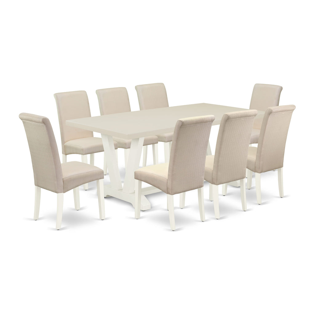 East West Furniture V027BA201-9 9 Piece Kitchen Table & Chairs Set Includes a Rectangle Dining Table with V-Legs and 8 Cream Linen Fabric Parson Dining Chairs, 40x72 Inch, Multi-Color