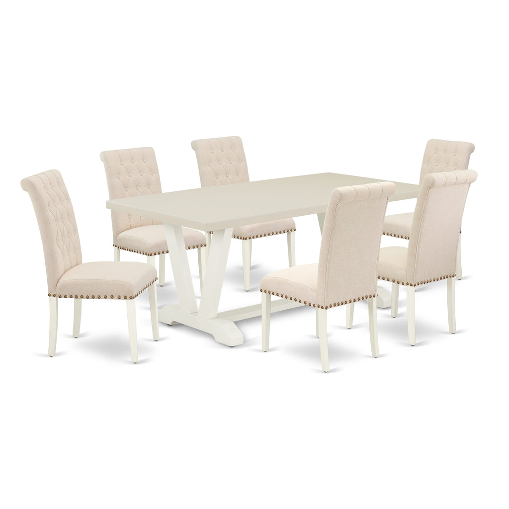 East West Furniture V027BR202-7 7 Piece Dining Room Furniture Set Consist of a Rectangle Dining Table with V-Legs and 6 Light Beige Linen Fabric Parsons Chairs, 40x72 Inch, Multi-Color