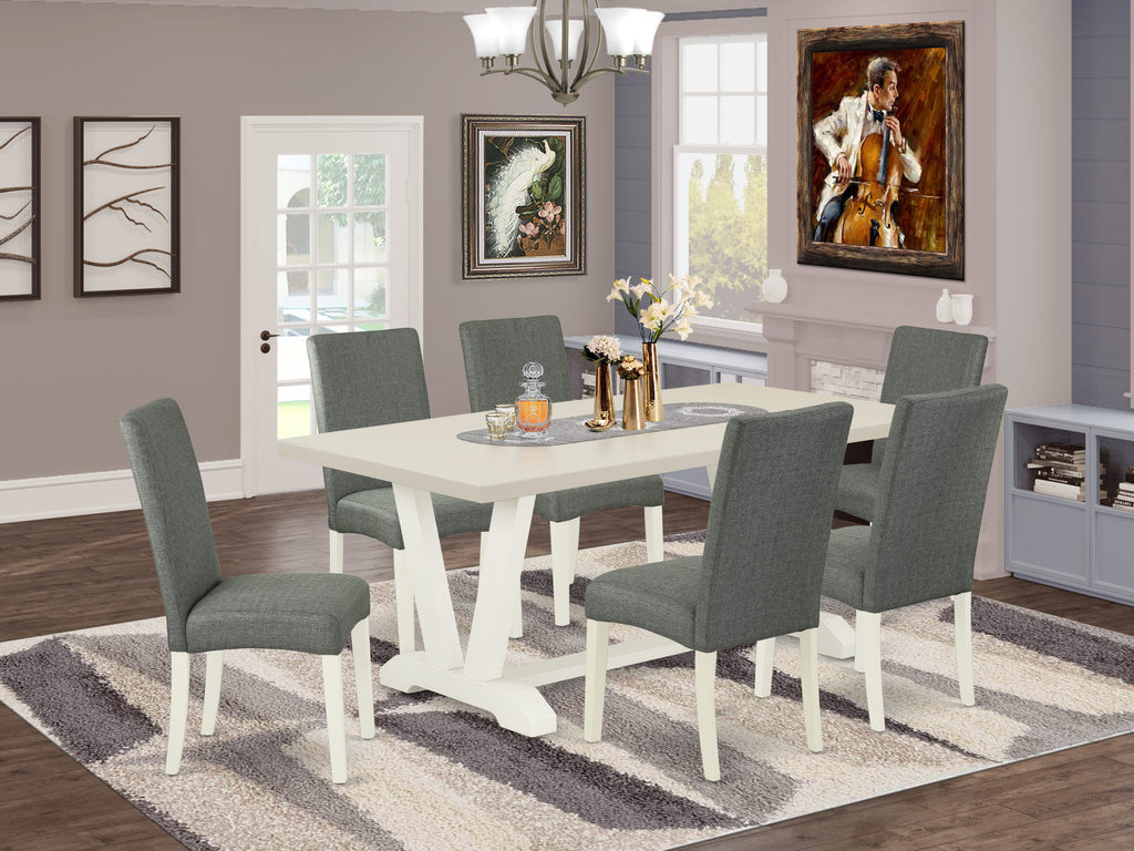 East West Furniture V027DR207-7 7 Piece Kitchen Table Set Consist of a Rectangle Dining Table with V-Legs and 6 Gray Linen Fabric Parson Dining Room Chairs, 40x72 Inch, Multi-Color