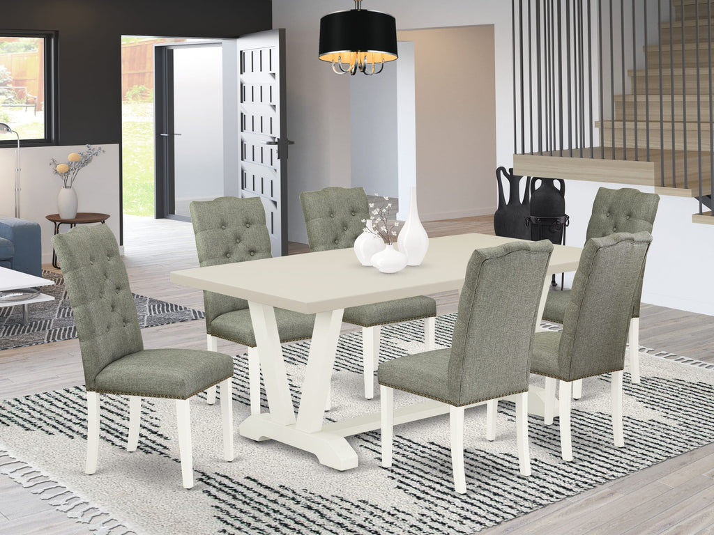 East West Furniture V027EL207-7 7 Piece Dining Room Table Set Consist of a Rectangle Kitchen Table with V-Legs and 6 Gray Linen Fabric Parsons Dining Chairs, 40x72 Inch, Multi-Color