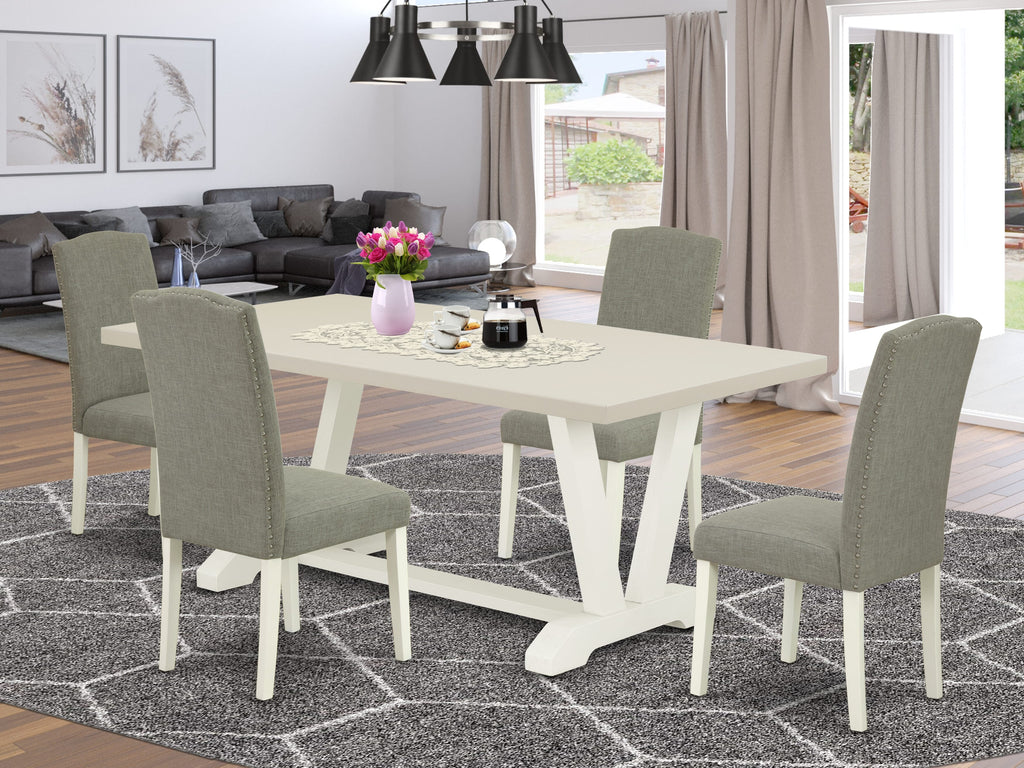 East West Furniture V027EN206-5 5 Piece Kitchen Table & Chairs Set Includes a Rectangle Dining Room Table with V-Legs and 4 Dark Shitake Linen Fabric Parsons Chairs, 40x72 Inch, Multi-Color