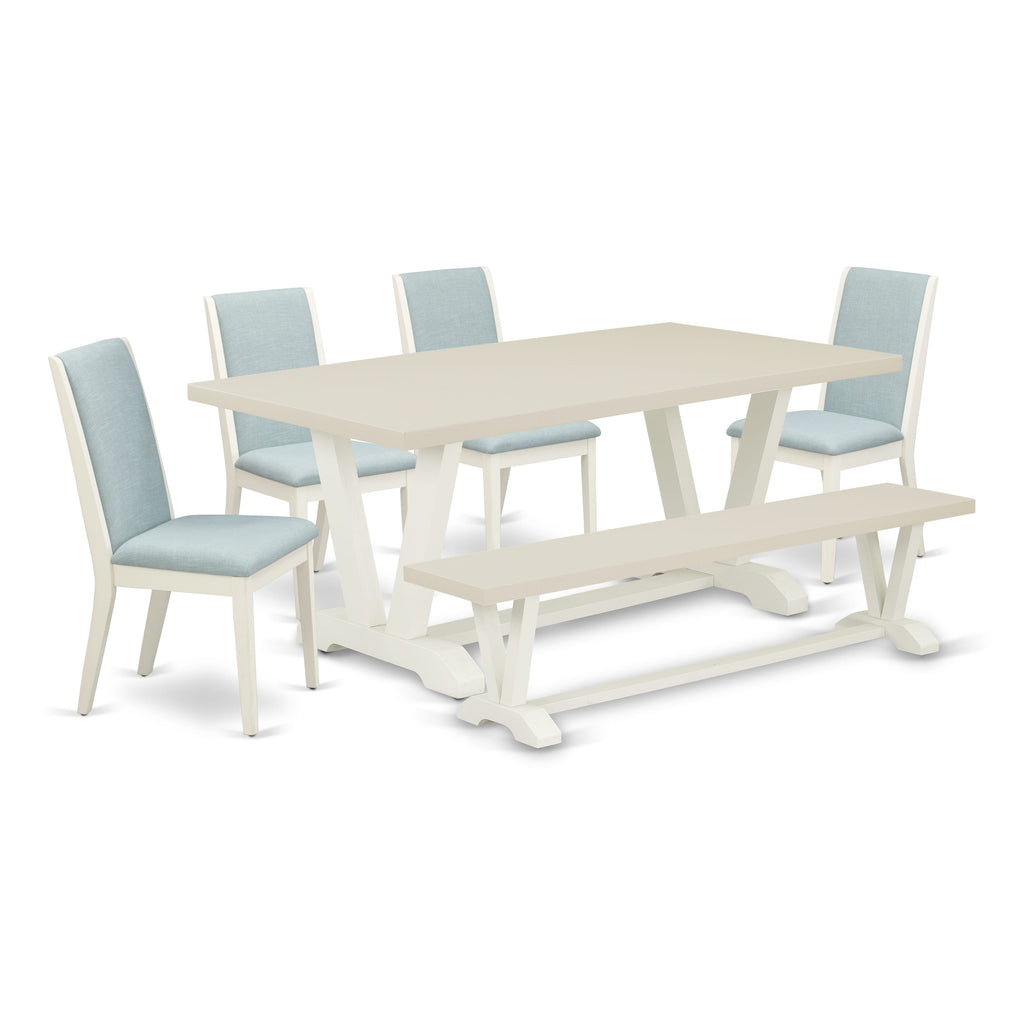 East West Furniture V027LA015-6 6 Piece Dining Room Set Contains a Rectangle Dining Table with V-Legs and 4 Baby Blue Linen Fabric Parson Chairs with a Bench, 40x72 Inch, Multi-Color