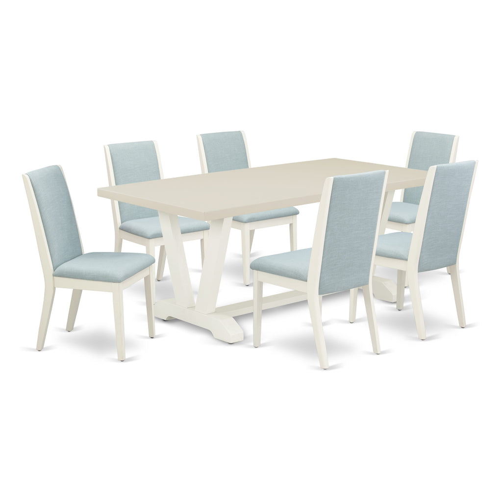 East West Furniture V027LA015-7 7 Piece Dining Table Set Consist of a Rectangle Dining Room Table with V-Legs and 6 Baby Blue Linen Fabric Parsons Chairs, 40x72 Inch, Multi-Color