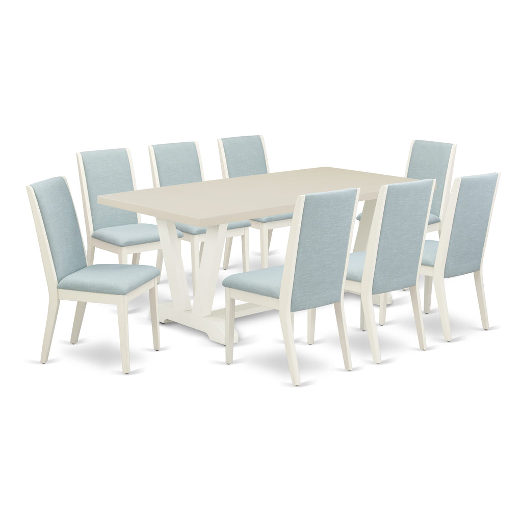 East West Furniture V027LA015-9 9 Piece Dining Set Includes a Rectangle Dining Room Table with V-Legs and 8 Baby Blue Linen Fabric Upholstered Parson Chairs, 40x72 Inch, Multi-Color