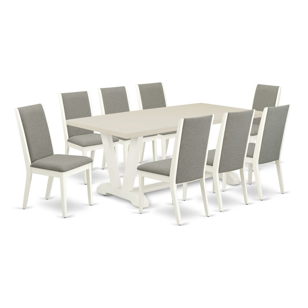 East West Furniture V027LA206-9 9 Piece Dining Room Table Set Includes a Rectangle Kitchen Table with V-Legs and 8 Shitake Linen Fabric Parson Dining Chairs, 40x72 Inch, Multi-Color