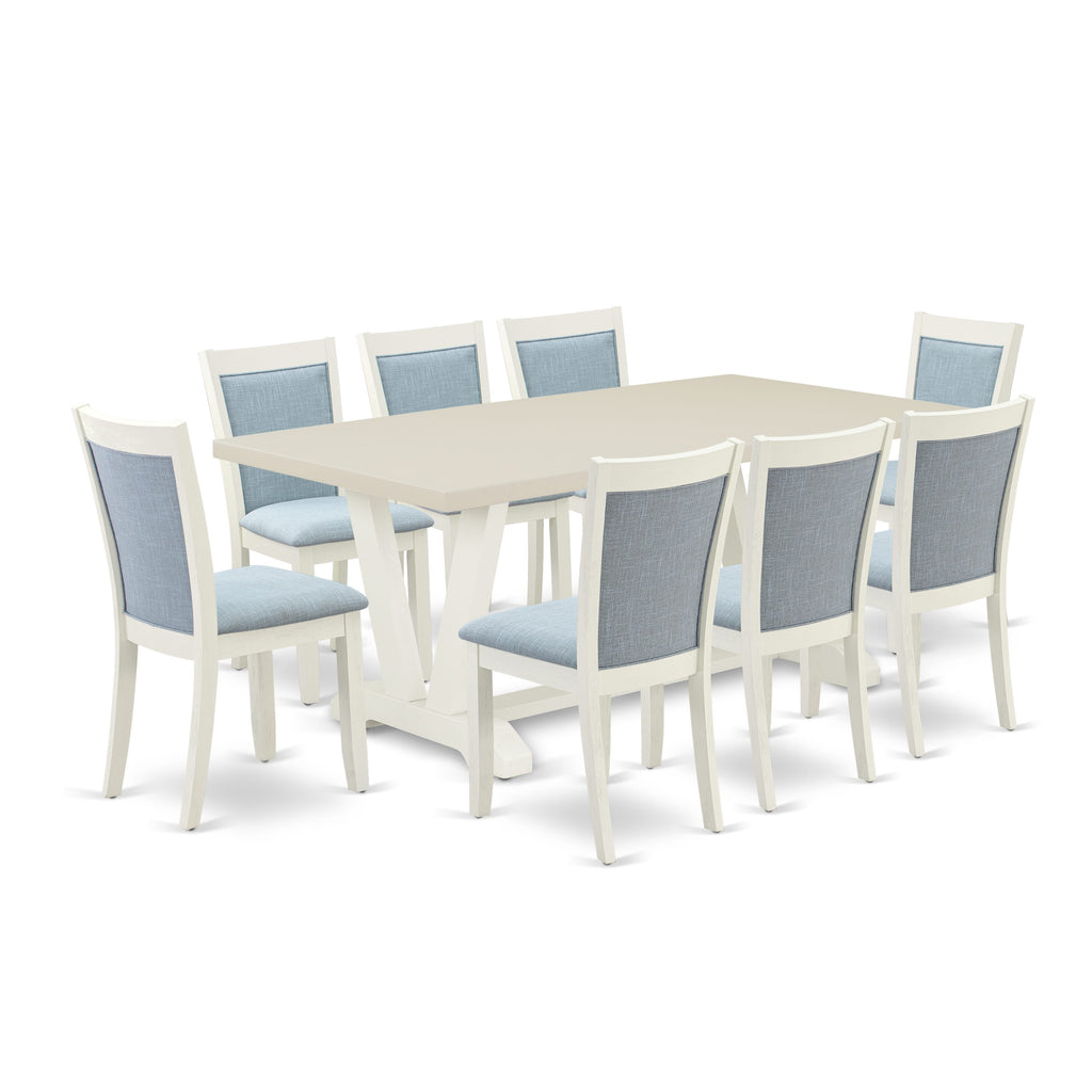 East West Furniture V027MZ015-9 9 Piece Kitchen Table & Chairs Set Includes a Rectangle Dining Room Table with V-Legs and 8 Baby Blue Linen Fabric Parsons Chairs, 40x72 Inch, Multi-Color