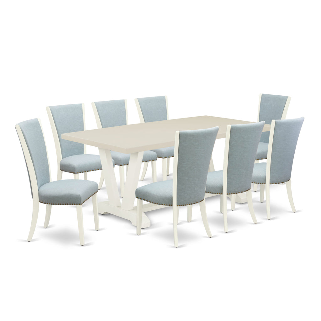 East West Furniture V027VE215-9 9 Piece Dining Room Set Includes a Rectangle Kitchen Table with V-Legs and 8 Baby Blue Linen Fabric Parsons Dining Chairs, 40x72 Inch, Multi-Color