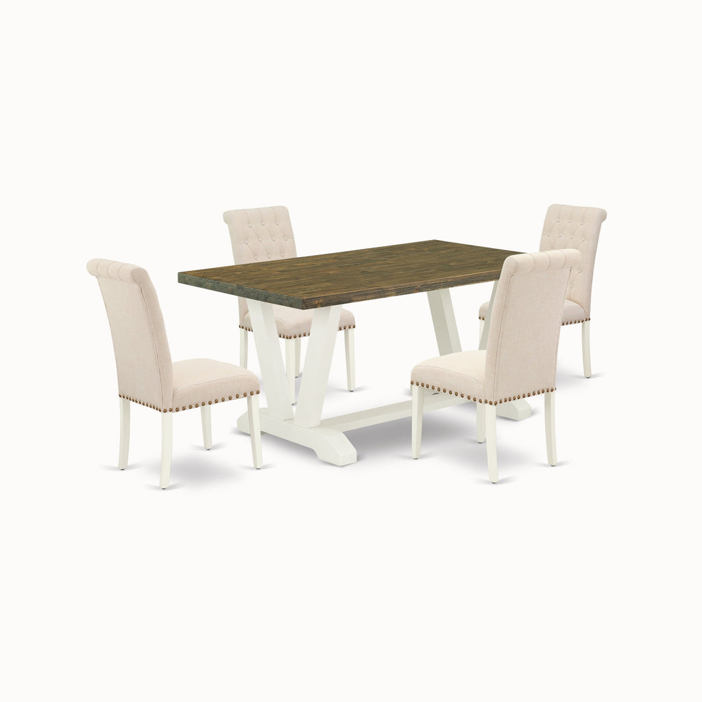 East West Furniture V076BR202-5 5 Piece Dinette Set for 4 Includes a Rectangle Dining Table with V-Legs and 4 Light Beige Linen Fabric Parson Dining Room Chairs, 36x60 Inch, Multi-Color