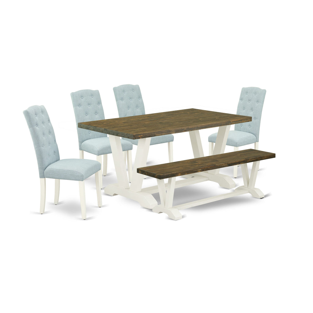 East West Furniture V076CE215-6 6 Piece Dining Table Set Contains a Rectangle Dining Room Table and 4 Baby Blue Linen Fabric Parson Chairs with a Bench, 36x60 Inch, Multi-Color