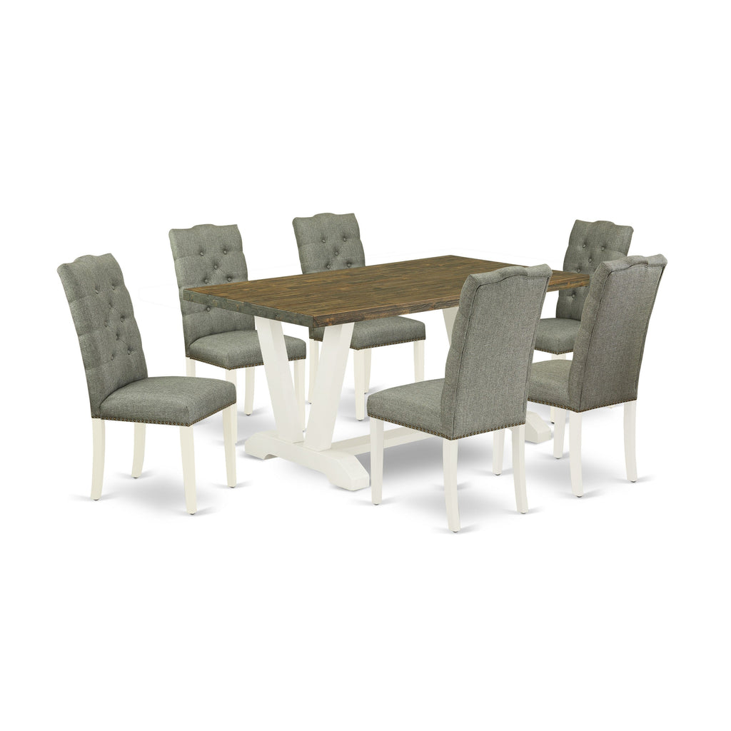 East West Furniture V076EL207-7 7 Piece Dining Room Furniture Set Consist of a Rectangle Dining Table with V-Legs and 6 Gray Linen Fabric Parsons Chairs, 36x60 Inch, Multi-Color